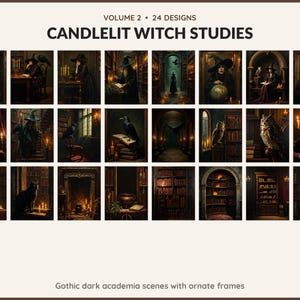 Volume 2 Candlelit Witch Studies: 24 printable Halloween art designs, gothic dark academia scenes with ornate frames