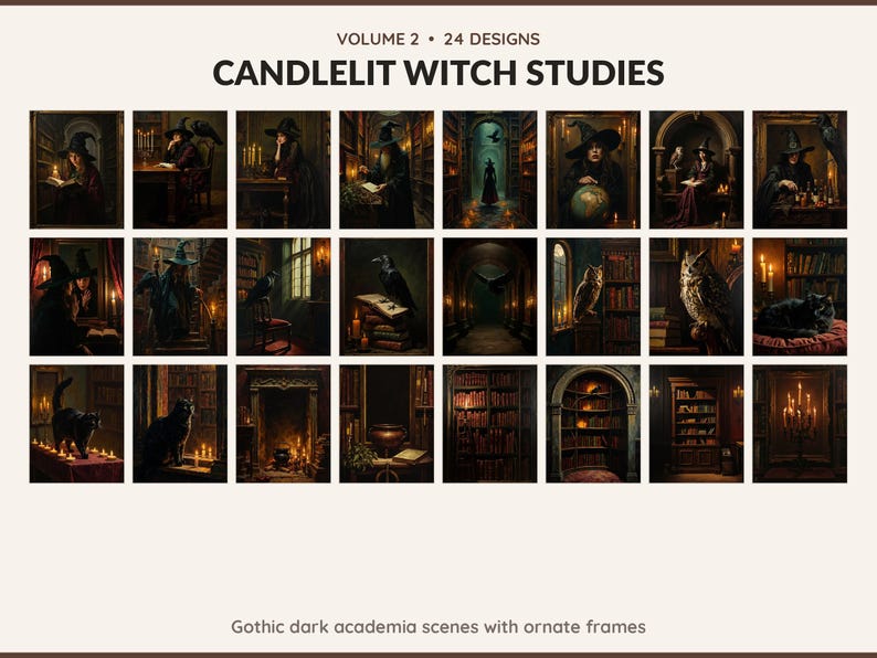 Volume 2 Candlelit Witch Studies: 24 printable Halloween art designs, gothic dark academia scenes with ornate frames