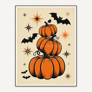 Three stacked pumpkins with bat silhouettes, atomic accents