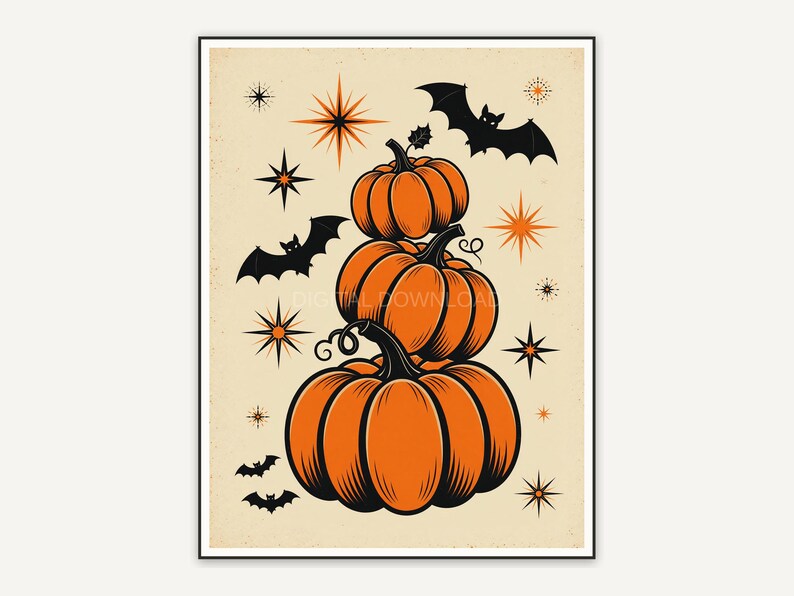 Three stacked pumpkins with bat silhouettes, atomic accents