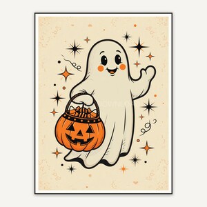 Retro mid-century ghost with pumpkin bucket in orange and black