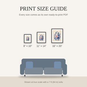 Print size guide showing 8x10, 11x14, and 16x20 framed prints at true scale beside a sofa