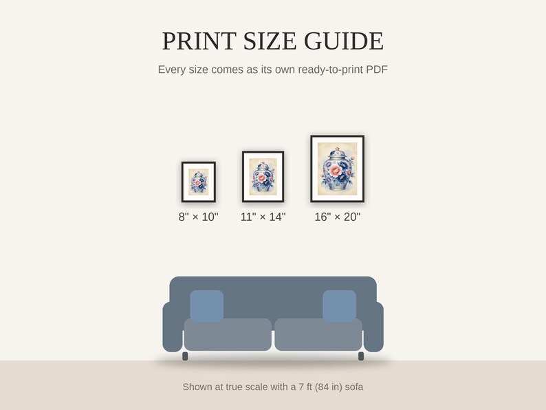 Print size guide showing 8x10, 11x14, and 16x20 framed prints at true scale beside a sofa