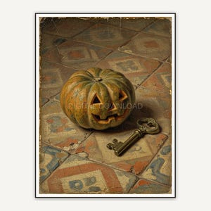 Vintage oil painting of carved pumpkin on aged tile with brass key