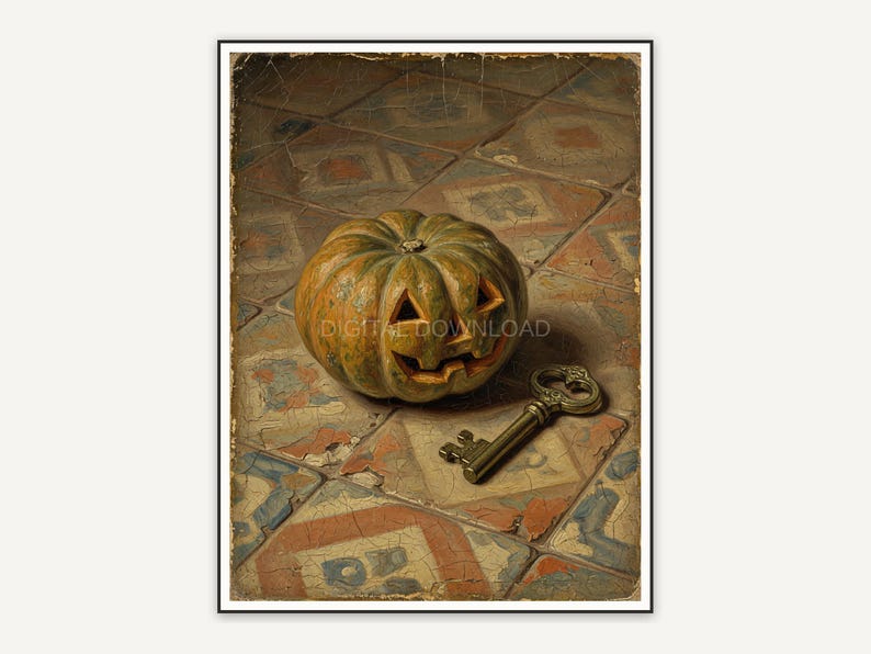 Vintage oil painting of carved pumpkin on aged tile with brass key