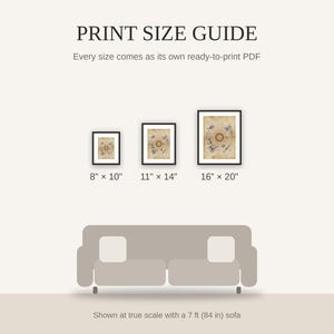 Print size guide showing 8x10, 11x14, and 16x20 framed prints at true scale beside a sofa