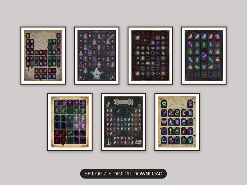 Set of 7 halloween science classroom decor printable prints shown as a gallery wall