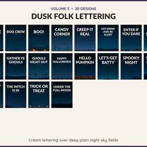 Volume 5 Dusk Folk Lettering: 20 printable Halloween art designs, cream lettering over deep plain night sky fields