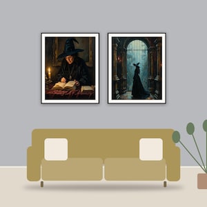 Shadowed Manor Studies printable art framed above a sofa in a styled living room