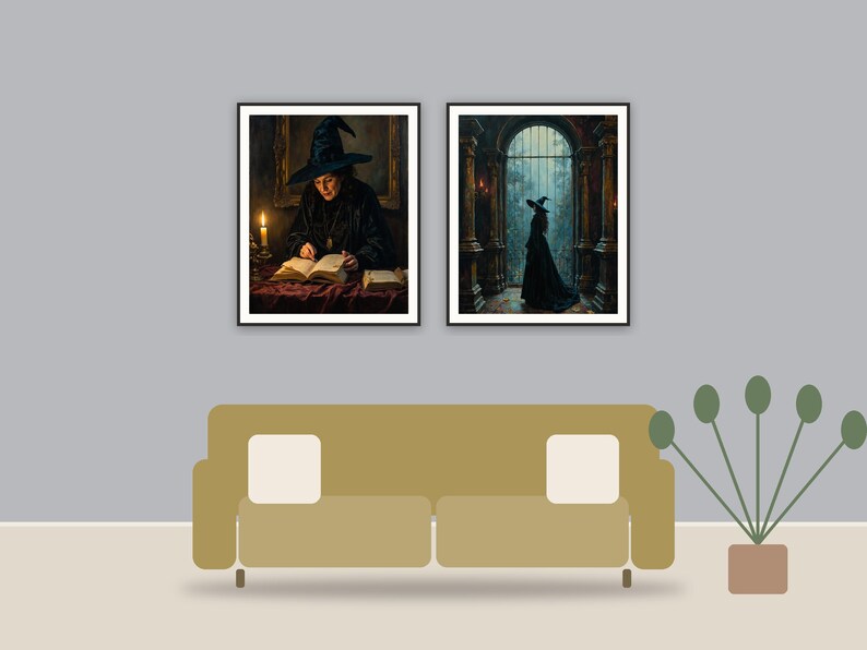 Shadowed Manor Studies printable art framed above a sofa in a styled living room