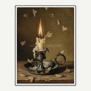 Vintage oil painting of single taper candle with moths