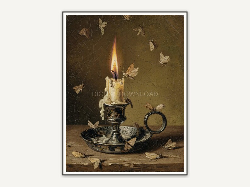 Vintage oil painting of single taper candle with moths
