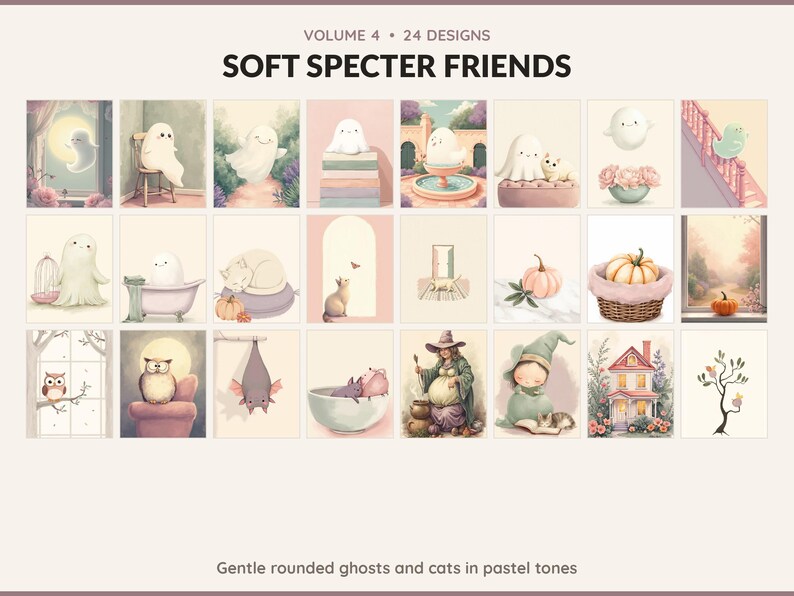 Volume 4 Soft Specter Friends: 24 printable Halloween art designs, gentle rounded ghosts and cats in pastel tones
