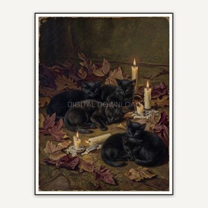 Vintage oil painting of black cats among autumn leaves