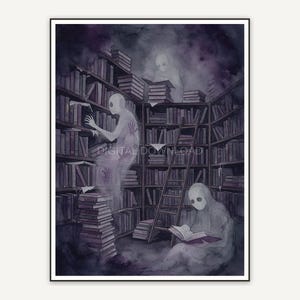 moody haunted library corner with ghost readers