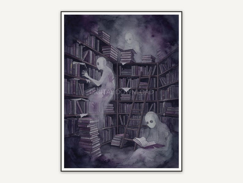 moody haunted library corner with ghost readers