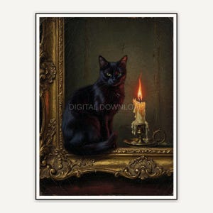 Black cat beside ornate frame and candle, vintage oil print
