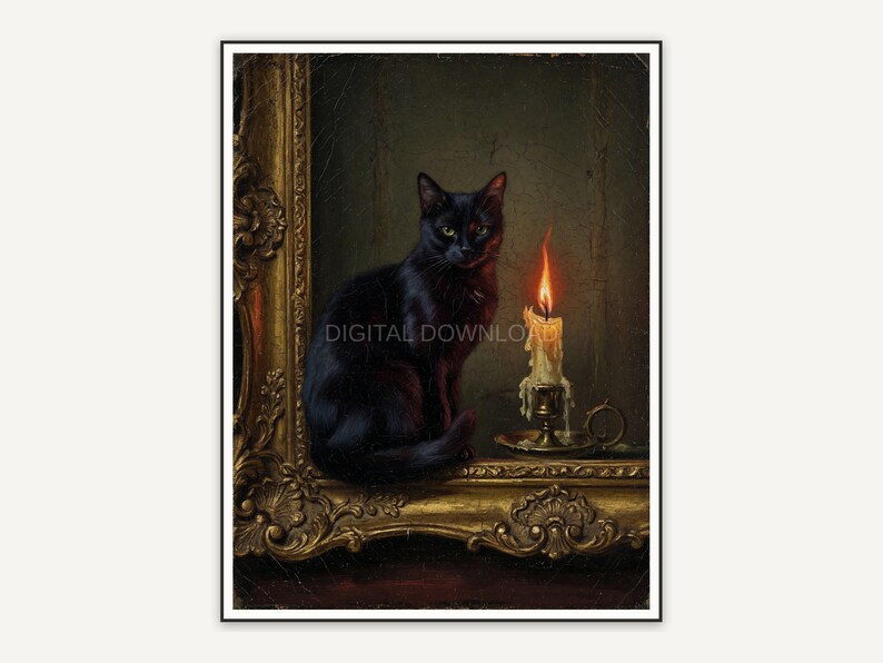 Black cat beside ornate frame and candle, vintage oil print