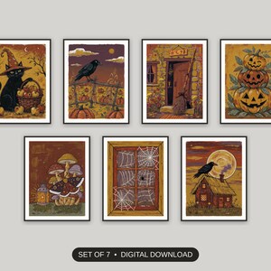Set of 7 halloween print set printable prints shown as a gallery wall