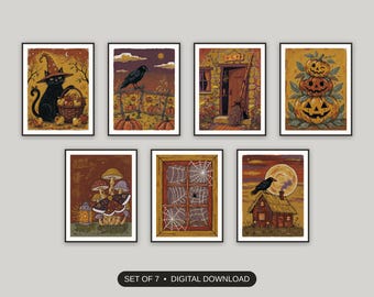 Halloween-Kunstdruck-Set, 7 Drucke, Verspielter Cottagecore-Folk-Stil, Rustikale Küchendeko, Gemütliche Herbstdeko für den Kaminsims, Digitaler Download