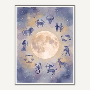 Full moon with zodiac constellations watercolor