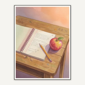 Wooden desk with notebook and apple in warm tones