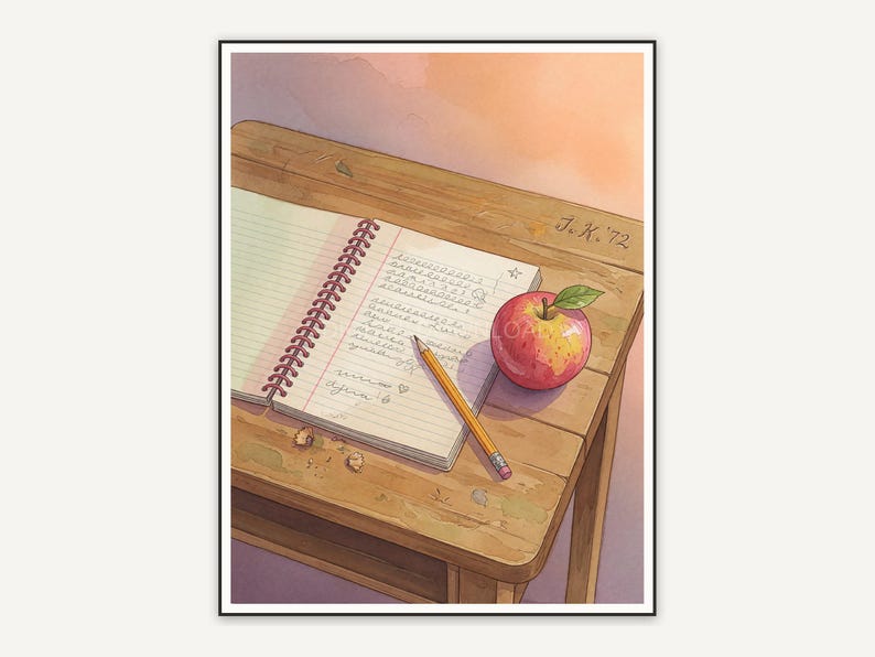 Wooden desk with notebook and apple in warm tones