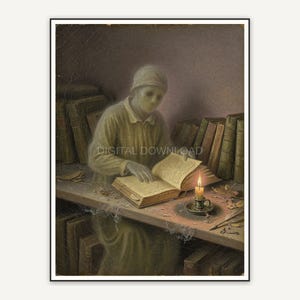 Vintage oil painting of a ghost reading by candlelight on a shelf