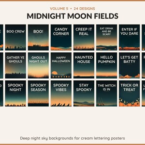 Volume 5 Midnight Moon Fields: 24 printable Halloween art designs, deep night sky backgrounds for cream lettering posters