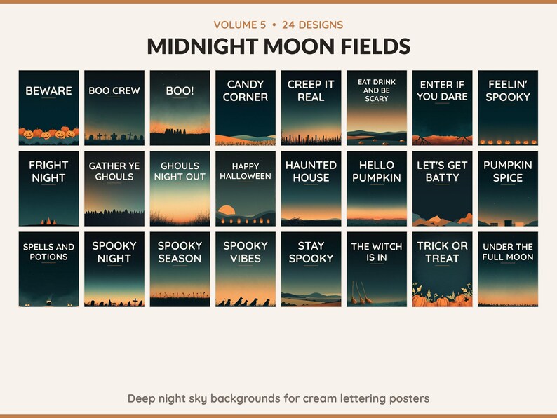 Volume 5 Midnight Moon Fields: 24 printable Halloween art designs, deep night sky backgrounds for cream lettering posters