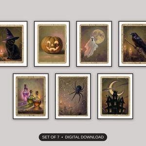 Set of 7 halloween decor and spooky season wall art printable prints shown as a gallery wall