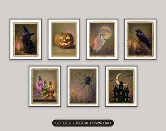 Vintage Halloween Postcard Set Of 7, Antique Oil Painting Prints, Spooky Season Gallery Wall, Entryway Mantel Decor, Fall Home Decor