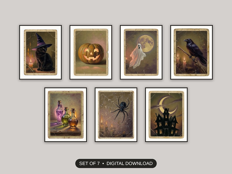 Set of 7 halloween decor and spooky season wall art printable prints shown as a gallery wall