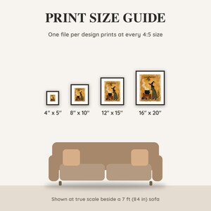 Print size guide showing 4x5, 8x10, 12x15 and 16x20 inch Halloween prints at true scale beside a sofa