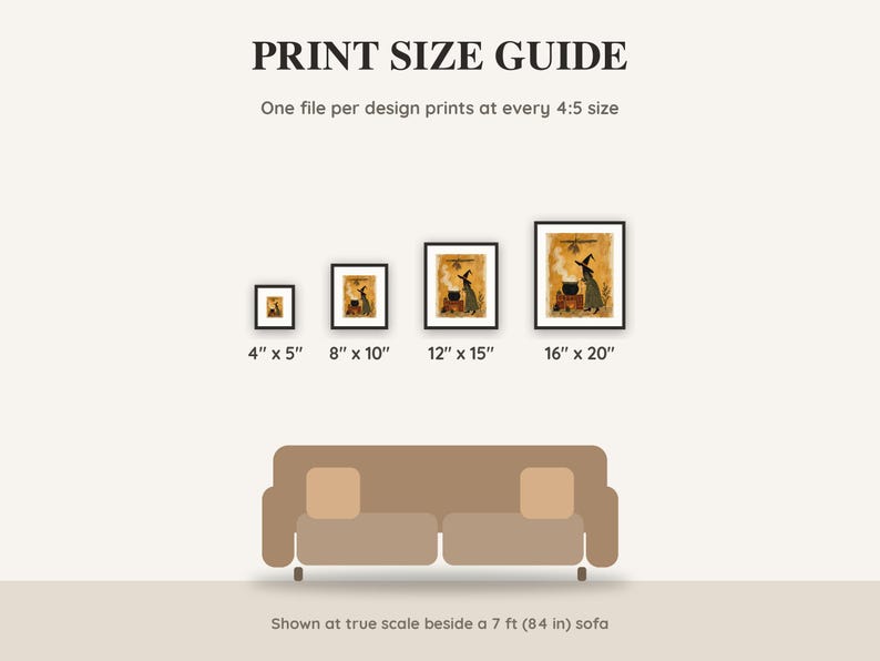 Print size guide showing 4x5, 8x10, 12x15 and 16x20 inch Halloween prints at true scale beside a sofa