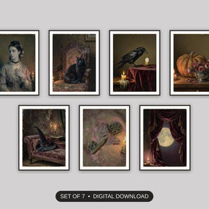 Set of 7 victorian halloween print printable prints shown as a gallery wall