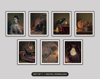 Victorian Halloween Print, Set Of 7, Vintage Oil Painting, Gallery Wall Entryway Decor, Antique Portrait Art, Digital Download