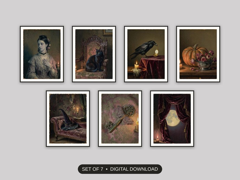 Set of 7 victorian halloween print printable prints shown as a gallery wall