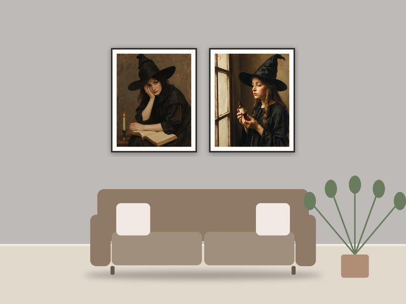 Crackled Portrait Studies printable art framed above a sofa in a styled living room