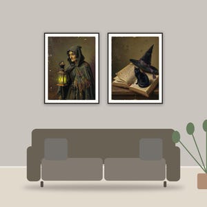 halloween decor and spooky season wall art printable art framed above a sofa in a styled living room