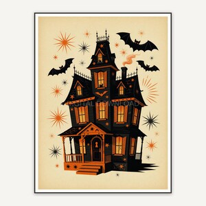 Haunted house with glowing windows and bats, mid-century flat art