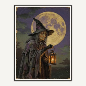 Vintage oil painting of a witch with lantern under full moon