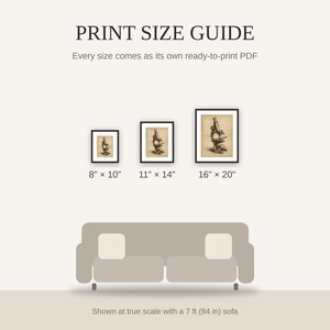 Print size guide showing 8x10, 11x14, and 16x20 framed prints at true scale beside a sofa