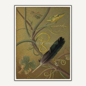 Vintage oil painting of pumpkin vine with raven feather