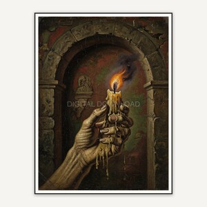 Vintage oil painting of skeleton hand with candle