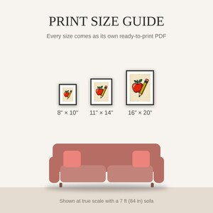 Print size guide showing 8x10, 11x14, and 16x20 framed prints at true scale beside a sofa