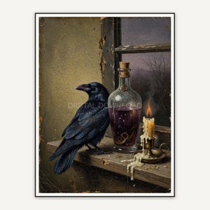Vintage oil painting of a raven beside a potion bottle