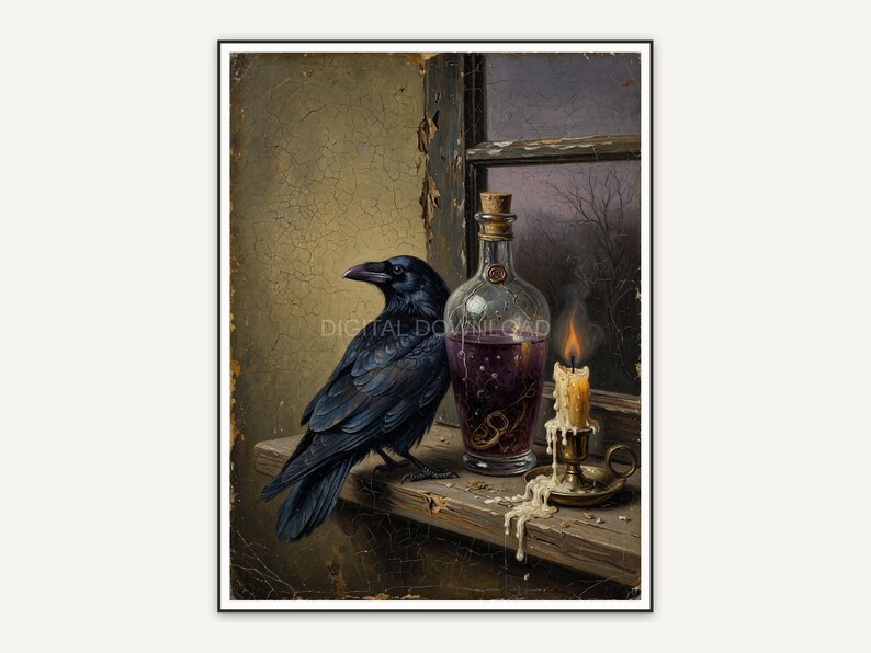 Vintage oil painting of a raven beside a potion bottle