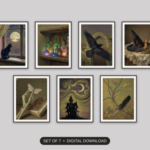 Set of 7 spooky quote printable printable prints shown as a gallery wall