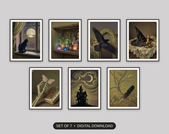 Spookachtige citaten om af te drukken, set van 7, vintage olieverfschilderij Halloween prints, galerijwand in de hal, literaire decoratie voor de schoorsteenmantel, digitale download